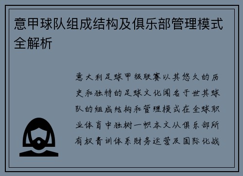 意甲球队组成结构及俱乐部管理模式全解析